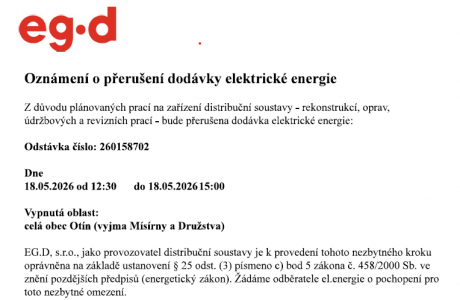 Nepůjde elektřina 18.5.2026 v Otíně